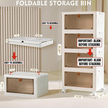 4-Tier Stackable Storage Bins with Lids, 23QT Folding Plastic Storage Containers with Wheels for Home, Office & Dorm