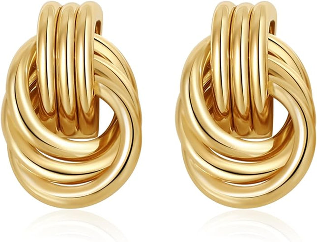 Women's Gold-Plated Knot Drop Earrings – Chunky Lightweight Hypoallergenic Statement Dangle Earrings