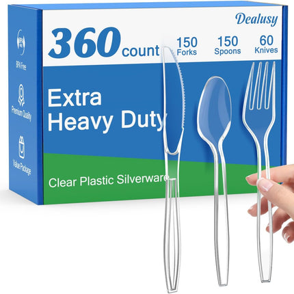 360-Piece Heavy-Duty Clear Plastic Silverware Set – BPA-Free Disposable Cutlery with 150 Forks, 150 Spoons & 60 Knives, Heat-Resistant Plastic Utensils for Parties & Events