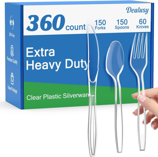 360-Piece Heavy-Duty Clear Plastic Silverware Set – BPA-Free Disposable Cutlery with 150 Forks, 150 Spoons & 60 Knives, Heat-Resistant Plastic Utensils for Parties & Events