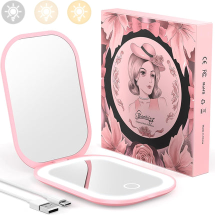 Ultra Slim Pocket Mirror with Light, 1X/3X Compact Travel Mirror,Light Pink