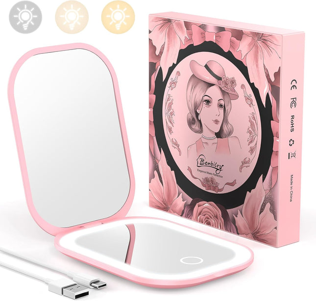 Ultra Slim Pocket Mirror with Light, 1X/3X Compact Travel Mirror,Light Pink