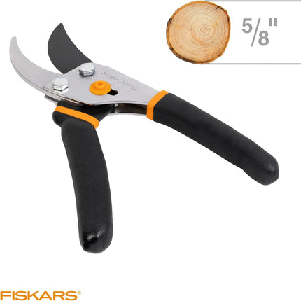 Fiskars Bypass Pruning Shears - Effortless Cutting with Sharp Steel Blades and Non-Slip Grip, Self-Cleaning Sap Groove, 5/8" Cut Capacity for Stems & Branches