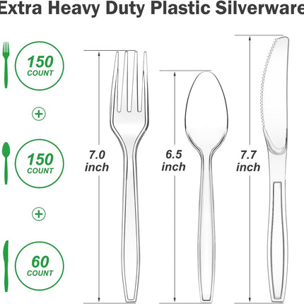 360-Piece Heavy-Duty Clear Plastic Silverware Set – BPA-Free Disposable Cutlery with 150 Forks, 150 Spoons & 60 Knives, Heat-Resistant Plastic Utensils for Parties & Events