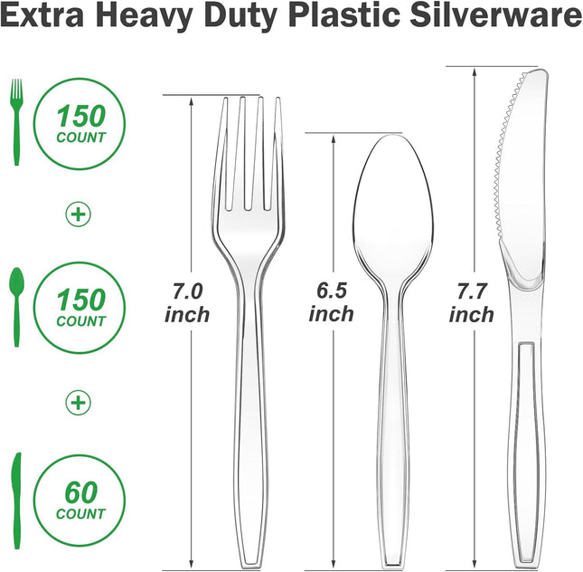 360-Piece Heavy-Duty Clear Plastic Silverware Set – BPA-Free Disposable Cutlery with 150 Forks, 150 Spoons & 60 Knives, Heat-Resistant Plastic Utensils for Parties & Events