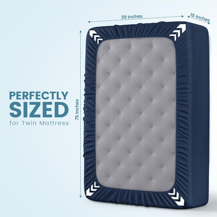 Twin Size Mattress Protector, Waterproof 200 GSM Terry Mattress Cover, Soft Breathable Fitted Bed Protector with Stretchable Deep Pocket Up to 15 Inches, Premium Mattress Pad Cover, Navy Blue