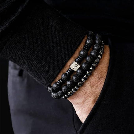 Tiger Eye Bracelet Set for Men – 8mm Natural Stone, Lava Rock & Black Crystal Stretch Beaded Bracelets
