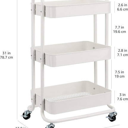 3 Tier Rolling Utility Cart, Multifunctional Storage Organizer with Lockable Wheels, Mobile Shelving Unit for Kitchen, Bathroom, Office, Laundry Room & Home Organization, White