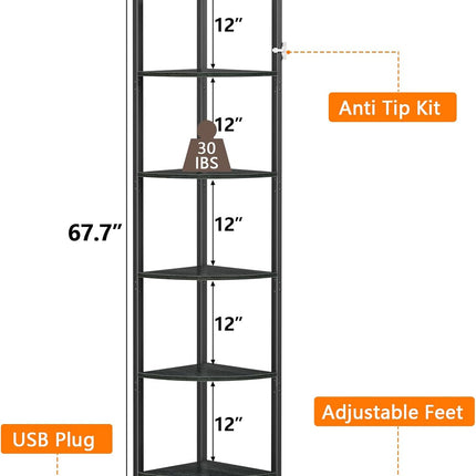 6 Tier Corner Shelf with LED Light, 67.5 Inch Tall Narrow Bookshelf Organizer, Black Standing Storage Rack with Metal Frame & Wood Shelves for Living Room, Bedroom, Office & Wall Corner Display