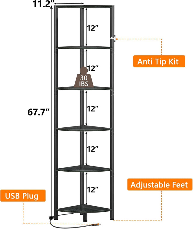 6 Tier Corner Shelf with LED Light, 67.5 Inch Tall Narrow Bookshelf Organizer, Black Standing Storage Rack with Metal Frame & Wood Shelves for Living Room, Bedroom, Office & Wall Corner Display
