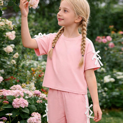 Toddler Girl Clothes 2 Piece Girls Summer Outfits White Bows Short Sleeved Top + Shorts Cute Clothing Set 3T-8Y
