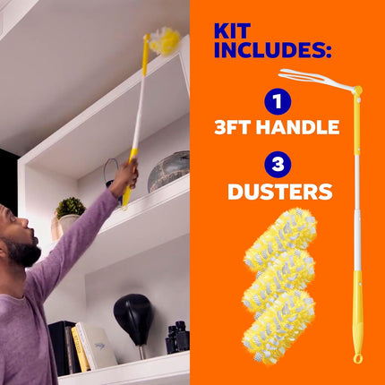 Duster Kit with 3 Ft Extendable Handle | Includes 1 Duster Extendable Handle (3 Ft). 3 Heavy Duty Duster Refills. for Ceiling Fans, Vents, and Hard to Reach Places