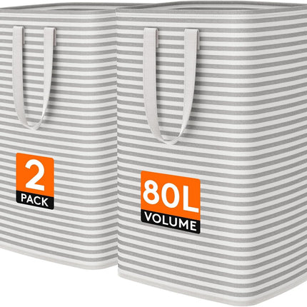 2 Pack Laundry Basket 80L Each, Collapsible Clothes Hamper with Reinforced Handles, Freestanding Waterproof Design for Bedroom and Laundry Room, Grey 160L Total