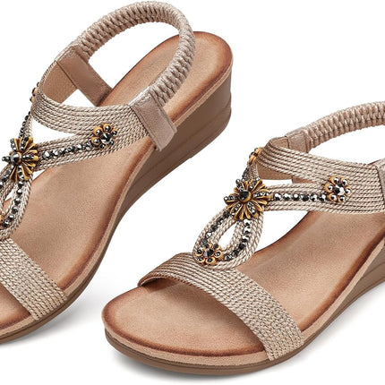 Womens Wedge Sandals with Cushioning for All-Day Comfortable | Low Heel, Elastic Ankle Strap, Dressy Casual Summer, Open Toe, Travel Vacation Outdoors Dress Shoes, Size 5-12