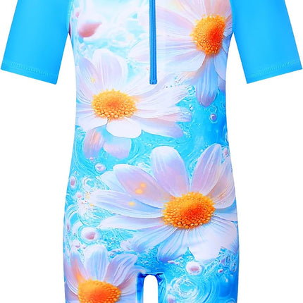 Short Sleeve Girls Swimsuits UV 50+ One Pieces Zipper 2-14Y | from Beach Vacations and Pool Parties to Cruises and Water Parks, This Colorful Floral Swimsuit Is Her Summer Favorite