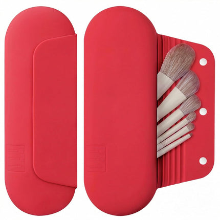 Silicone Makeup Brush Holder Travel Cosmetic Bag：Soft Portable Cosmetic Face Brushes Holder with Upgrade Anti-Fall Out Magnetic Closure, Large Travel Makeup Brush Case - Walnut