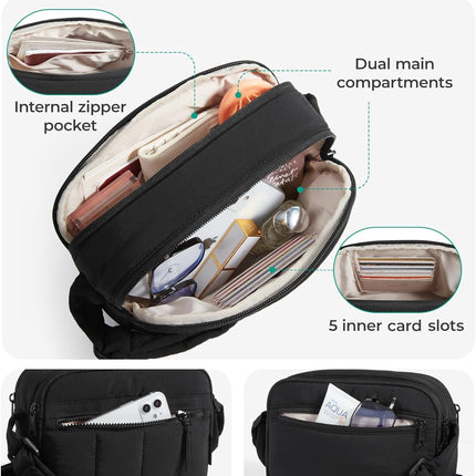 Cross Body Purse, Mini Crossbody Bags for Women Travel Purse, Puffy Shoulder Handbag Wallet with RFID Blocking Slots, Black-Small