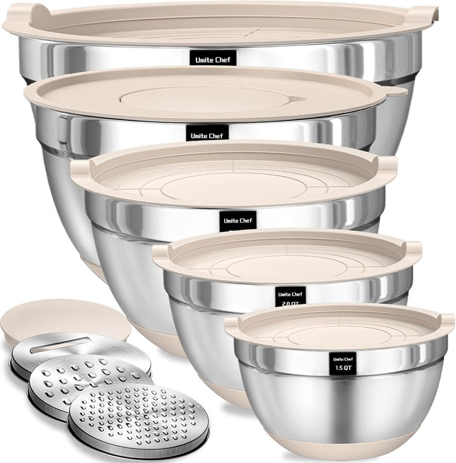 Mixing Bowls with Airtight Lids Set, 8PCS Stainless Steel Nesting Bowls with Grater Attachments, Non-Slip Bottoms, 5, 4, 3.5, 2, 1.5QT for Mixing & Serving