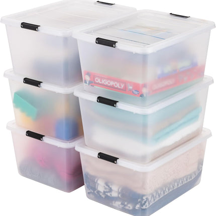6-Pack 32 Quart Clip Box with Latching Lid | Latching Lid Secures Office and Household Supplies. Stackable, Nestable Design Maximizes Storage Space