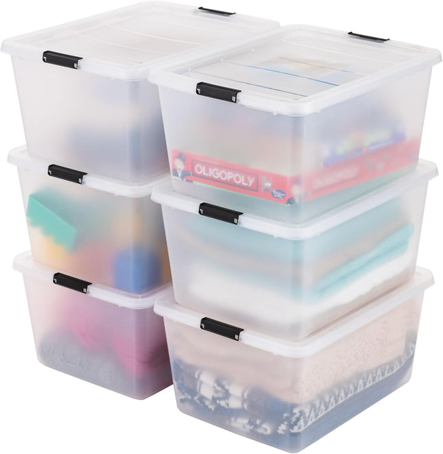 6-Pack 32 Quart Clip Box with Latching Lid | Latching Lid Secures Office and Household Supplies. Stackable, Nestable Design Maximizes Storage Space