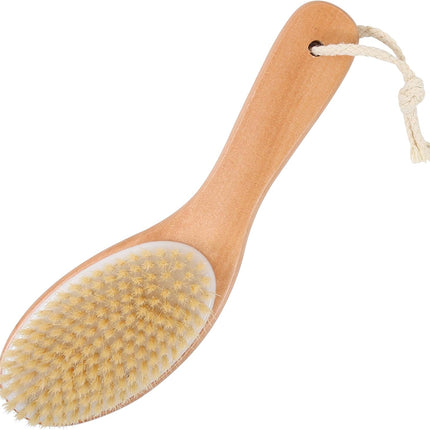 Dry Brushing Body Brush, Natural Boar Bristles Body Scrubber for Bath, Wooden Handle Lymphatic Drainage Brush for Skin Exfoliation and Foot Scrubbing