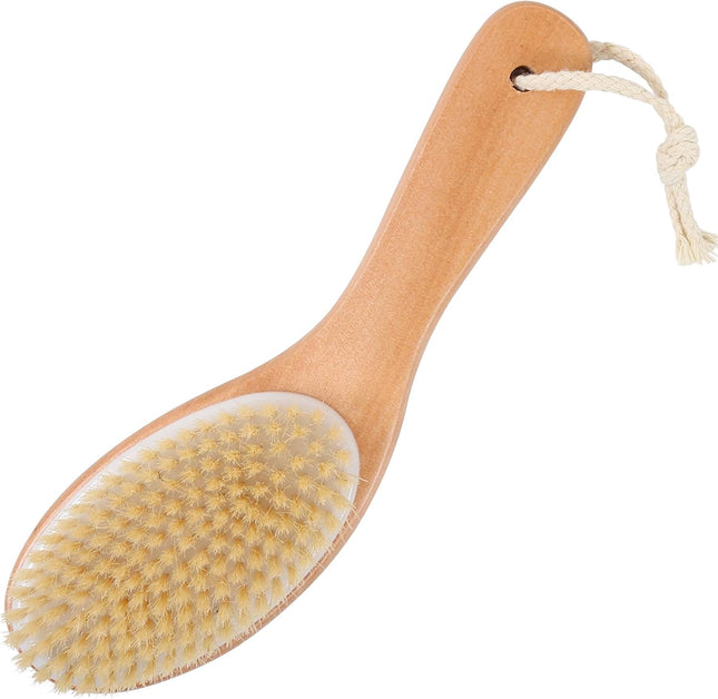 Dry Brushing Body Brush, Natural Boar Bristles Body Scrubber for Bath, Wooden Handle Lymphatic Drainage Brush for Skin Exfoliation and Foot Scrubbing