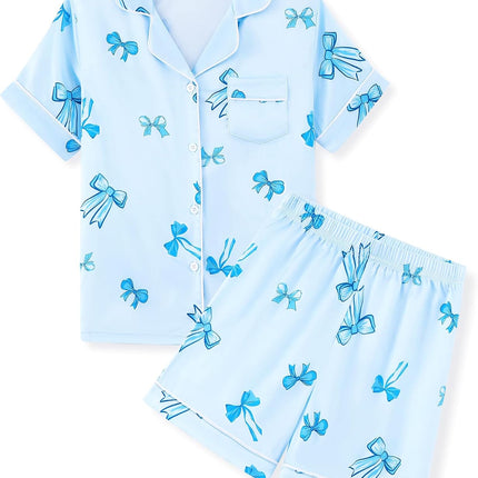 Girls Pajamas 2 Piece Summer Soft Silk Satin Short Sleeve Pajama Set Cute Pjs Sleepwear for Kids Size 6-16 Years