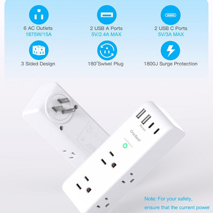 Surge Protector Outlet Extender - with Rotating Plug, 6 AC Multi Plug Outlet with 4 USB Ports (2 USB C), 1800J Wall Charger, 3-Sided Power Strip with Spaced Outlet Splitter for Home, Office, Travel