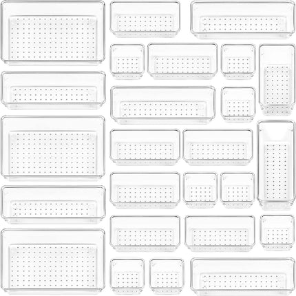 25 PCS Clear Plastic Drawer Organizers Set, 4-Size Versatile Bathroom and Vanity Drawer Organizer Trays, Storage Bins for Makeup, Bedroom, Kitchen Gadgets Utensils and Office