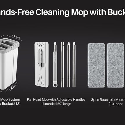 Wall Mop and Bucket Set, Hands-Free Flat Floor Mop with 3 Washable Microfiber Pads, Wet and Dry Use, Ideal for Home and Commercial Floor Cleaning