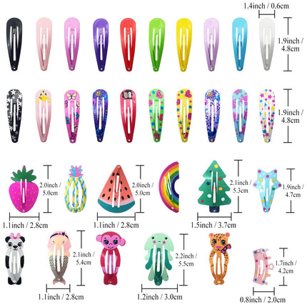Hair Clips for Girls,100 Pcs No Slip Metal Snap, Barrettes for Kids Teens Women, Cute Candy Color Cartoon Design Hair Pins (Animals Fruits Crowns Stars)