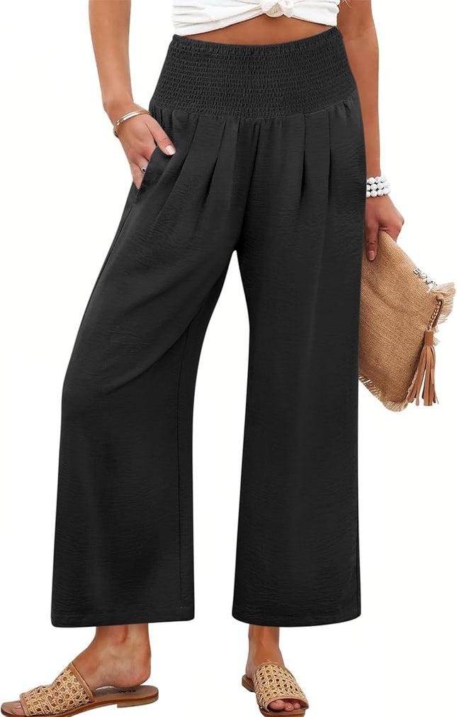 Womens Wide Leg Palazzo Pants with Pockets | Lightweight Breathable High Waisted Pants, Beach Vacation Flowy, Lounge & Casual Summer Trousers