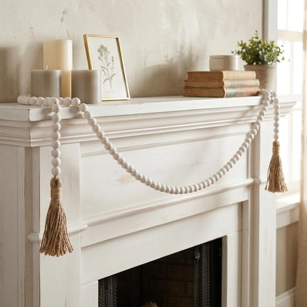 Farmhouse Beads Long Length Solid Wood Bead Boho Tassel Garland - Rustic Country Solid Beaded Boho Chic Decor for Wall, above Cabinet & Table