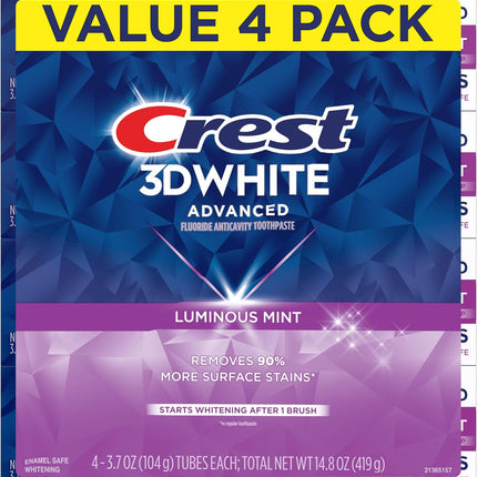 3D White Advanced, Teeth Whitening Toothpaste for Adults, 3.7 Oz, 4 Pack, Cavity Protection Fluoride Toothpaste, Strengthens Enamel, Travel Size Toiletries
