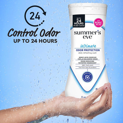 Ultimate Odor Protection Daily Feminine Wash, Ph-Balanced Formula Body Wash for Women with Boric Acid Helps Control Vaginal Odor, 15 Fl Oz