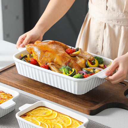 Ceramic Casserole Dish Set of 4 – Rectangular Porcelain Baking Dishes with Handles, Oven-Safe Lasagna Pans for Baking, Roasting & Serving, White