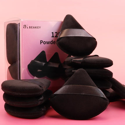 Powder Puff, 12Pcs Face Triangle Powder Puffs for Loose & Foundation | Black Velvet Makeup Puff for Contouring & Baking, Ultra-Soft Cloud Kiss Makeup Tools for Setting, Reusable & Washable