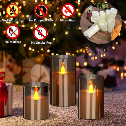 Flameless Candles 4" 5" 6" Acrylic Glass Pillars 3" Diameter Battery Operated Flickering Candles Include 8-Key Remote with Timer Function 400+ Hours (Gray, Warm Light 3 Pack)