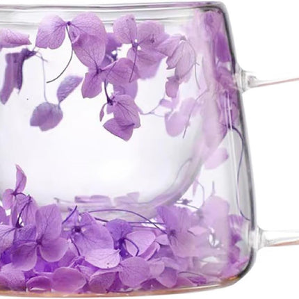 Double Walled Glass Cups 200Ml/6.8Oz, Floral Design with Handle