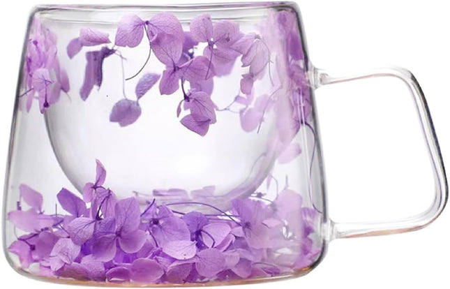Double Walled Glass Cups 200Ml/6.8Oz, Floral Design with Handle