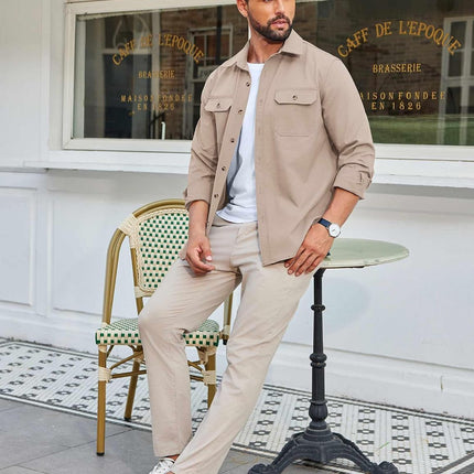 Men'S Long Sleeve Button up Shirt Jacket with Flap Pockets