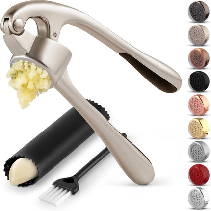 Premium Garlic Press Set - Rust Proof Professional Garlic Mincer Tool - Easy-Squeeze, Easy-Clean with Soft, Ergonomic Handle - Silicone Garlic Peeler & Brush (Silver)