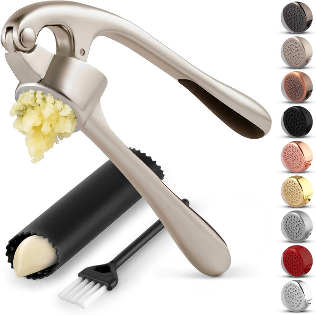 Premium Garlic Press Set - Rust Proof Professional Garlic Mincer Tool - Easy-Squeeze, Easy-Clean with Soft, Ergonomic Handle - Silicone Garlic Peeler & Brush (Silver)