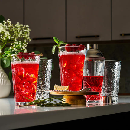 Set of 10 Hammered Glass Cups, Clear Heavy Base Drinking Glasses | 16Oz, Stackable, Durable, Dishwasher Safe, Freezer Safe, Non Slip, 100% Food Grade, BPA Free, Secure Packaging, Eco-Friendly