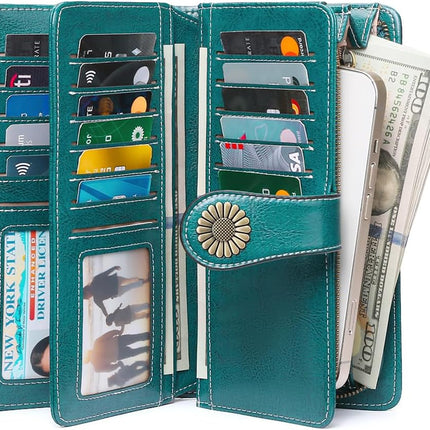 Wallets for Women Leather Credit Card Holder with RFID Blocking Large Capacity Wristlet | with RFID Blocking