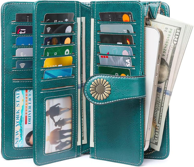 Wallets for Women Leather Credit Card Holder with RFID Blocking Large Capacity Wristlet | with RFID Blocking