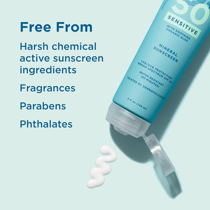 Sensitive Mineral SPF 50 Sunscreen Lotion, 100% Mineral Sunscreen, UVA/UVB Protection, Infused with Organic Aloe Vera, Soothes and Hydrates, 5 Fl Oz