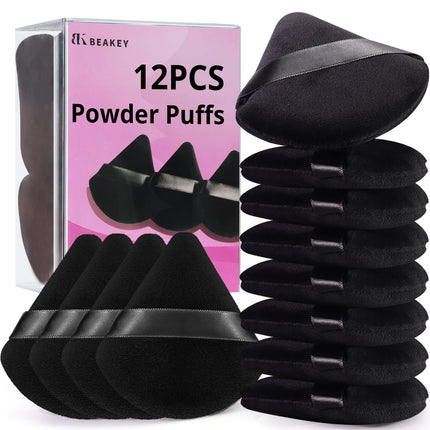 Powder Puff, 12Pcs Face Triangle Powder Puffs for Loose & Foundation | Black Velvet Makeup Puff for Contouring & Baking, Ultra-Soft Cloud Kiss Makeup Tools for Setting, Reusable & Washable