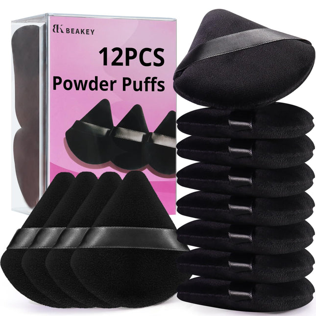 Powder Puff, 12Pcs Face Triangle Powder Puffs for Loose & Foundation | Black Velvet Makeup Puff for Contouring & Baking, Ultra-Soft Cloud Kiss Makeup Tools for Setting, Reusable & Washable