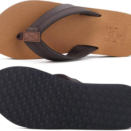 Men'S Yoga Mat Leather Flip Flops with Arch Support Comfortable Cushion Walking Thong Sandals Slip on Indoor Outdoor